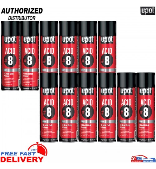 UPOL Acid 8 Etch Primer 450ml – 12x Aerosol Cans, No Sanding, Fast Dry, Grey